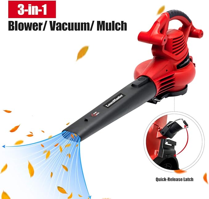 LawnMaster Red Edition BV1210E 1201 Electric Blower Vacuum Mulcher 12 Amp Variable Speed with Metal Impeller 240 MPH 380 CFM 16:1 Mulch Ratio