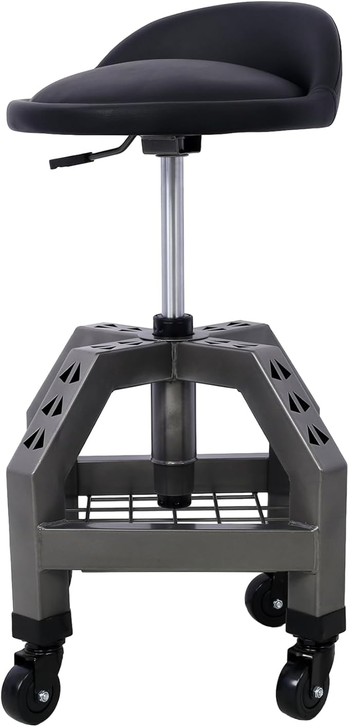 Pneumatic 360 Degree Swivel Stool Mechanics Rolling Shop Stool with Casters Tool Shelf Storage 300lbs Max Weight Capacity Heavy Duty Garage Seat for Shop Grey One Size