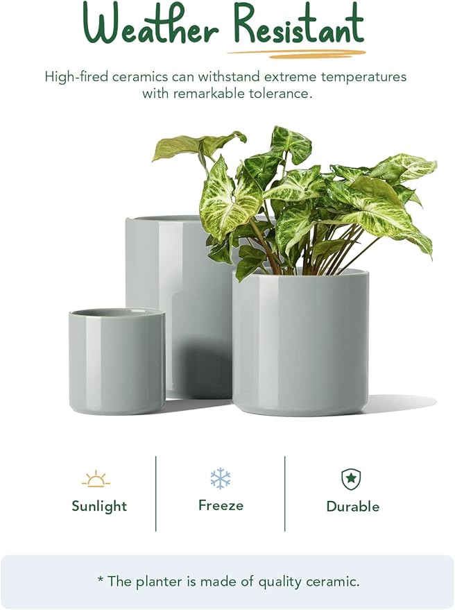 LE TAUCI Ceramic Pots for Plants 10/8/6 Inch Indoor Planters with Draiange Hole Silicone Plug &amp Mesh Pad Modern Minimalist Pots for Home Office Set of 3 Glossy Mist Gray