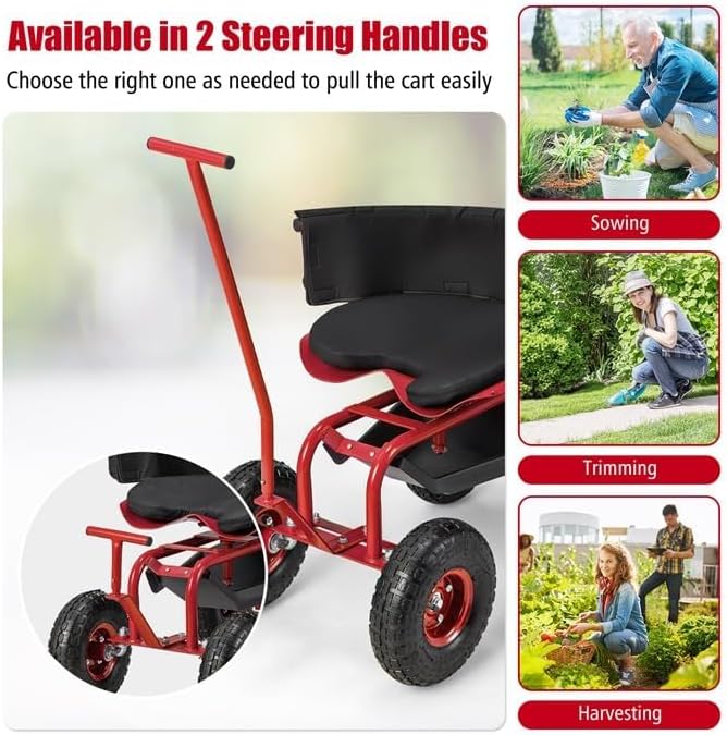 ERGOMASTER Garden Seat with Wheels Outdoor Gardening Wagon Scooter 2 Steering Handles 360° Swivel Workseat &amp Tool Storage Use for Patio Yard Lawn Red