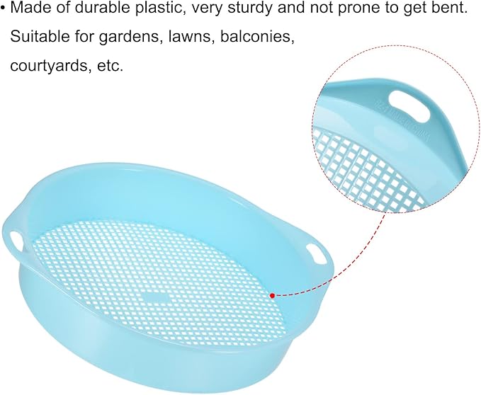 MECCANIXITY Garden Sifting Pan Round Potting Sieve Plastic Mesh Filter Soil Screen Gardening Tool for Garden Yard Blue 2 Pack