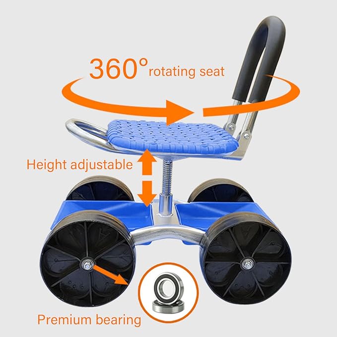 BAFOVY 360° Rotatable Rolling Garden Seat Height Adjustable Work Seat for Gardening Digging Planting with Backrest and Cushion for Gardens Lawns