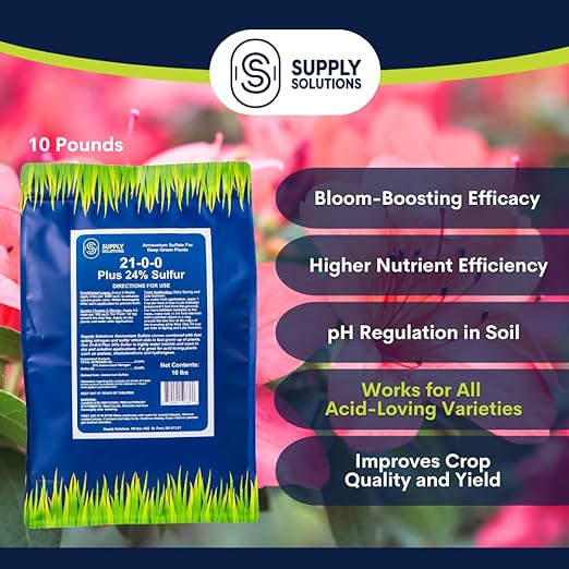 Supply Solutions 21-0-0-24S Ammonium Sulfate for Deep Green Plants - Soil Acidifier for Blueberry Blooms Azalea and Magnolia Tree Fertilizer - Sulfur for Plants Nitrogen Fertilizer (10 Pounds)