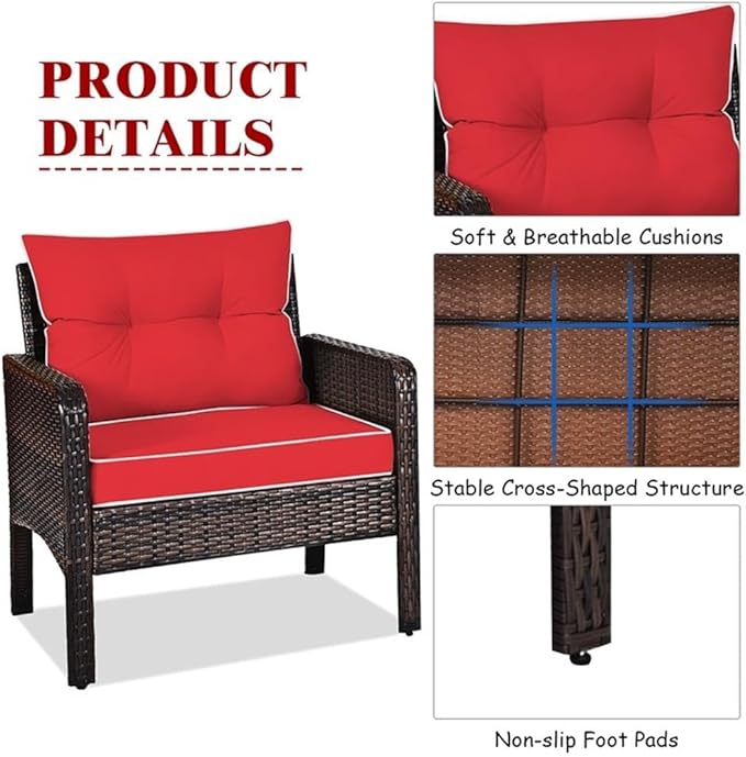 Pemberly Row 3-Piece 26'' Rattan Conversation Set Outdoor Seating Ensemble Built for Casual Comfort and Interaction Red