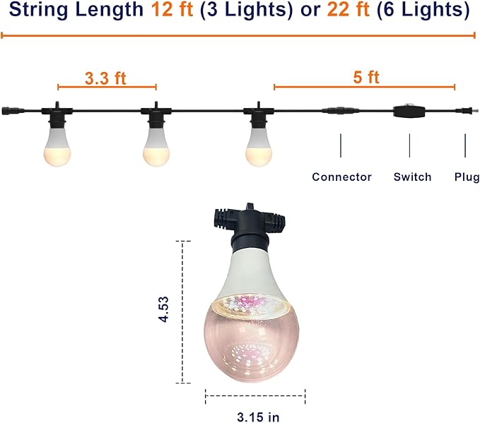 LED Grow Light Bulbs with E26 Base 45W Durable 12 ft String Grow Lights Waterproof Hanging Full Spectrum A25 Plant Lighting for Seeds Flowers Succulents Indoor &amp Outdoor Use (3 Lights)