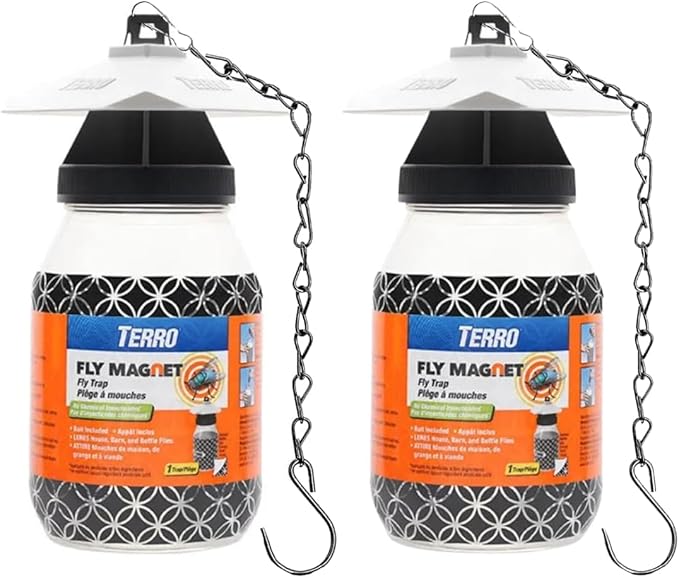 Plexon Fly Trap Bundle Compatible with TERRO Fly Magnet Reusable Fly Trap Includes Fly Bait and 9.5 Heavy Duty Hanging Chain (2 Traps)