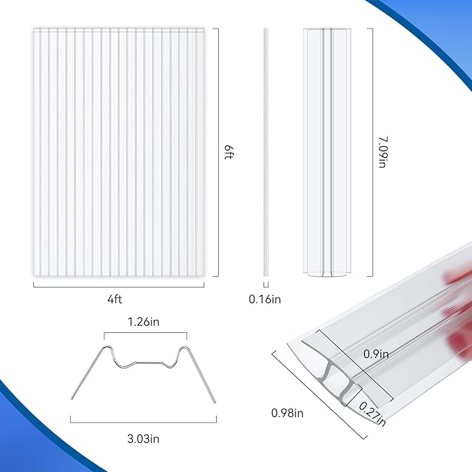 9 Pack Polycarbonate Greenhouse Panels 6' x 4' x 0.16 Twin-Wall Polycarbonate Sheets Include 4 H Connectors and 25 W-Clips Waterproof UV Protected Impact Resistance Clear Roofing Sheets for Garden