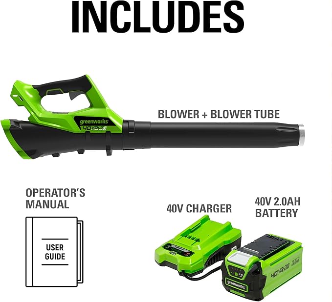 Greenworks 40V (115 MPH / 430 CFM) Brushless Axial Leaf Blower 2.0Ah Battery and Charger Included