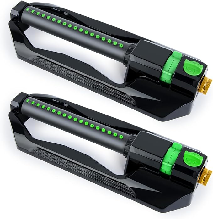 [2 Pack] RESTMO Heavy Duty Oscillating Sprinkler with Metal Base – Adjustable Flow Control Lawn Watering System Covers Up to 3600 Sq. Ft. for Garden Yard