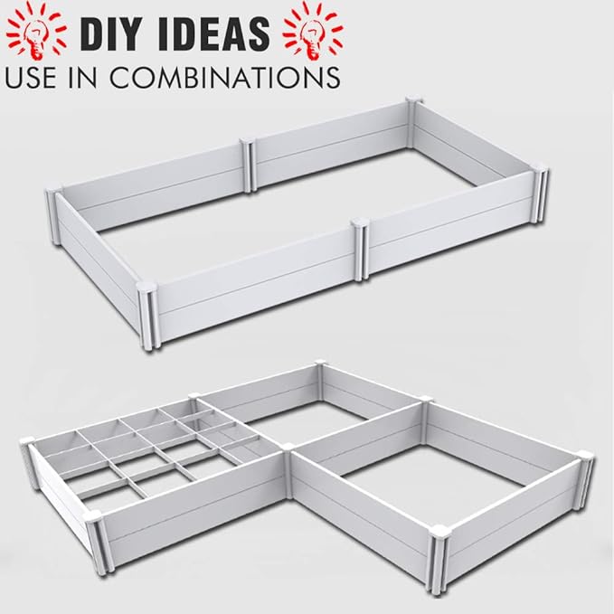 Raised Garden Bed Kit 4'x4' Outdoor Above Ground Planter Box for Growing Vegetables Flowers Herbs DIY Gardening Whelping Pen and More Screwless White Vinyl Garden Bed with Grid