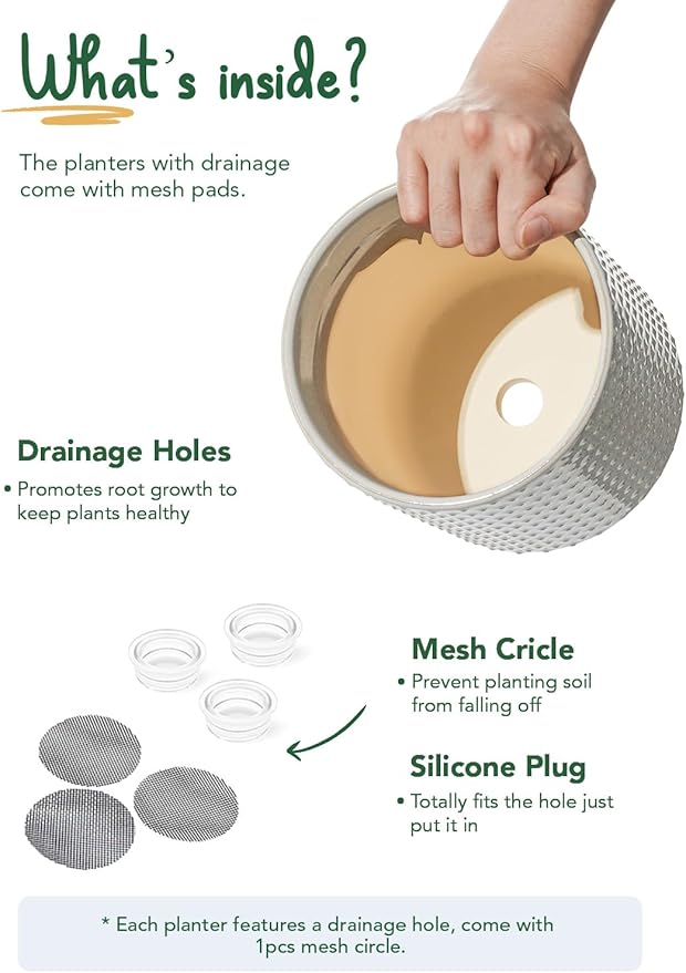 LE TAUCI Ceramic Pots for Plants 10/8/6 Inch Indoor Planters with Draiange Hole Silicone Plug &amp Mesh Pad Modern Rasied-Dots Pots for Home Office Set of 3 Glossy Star Gray