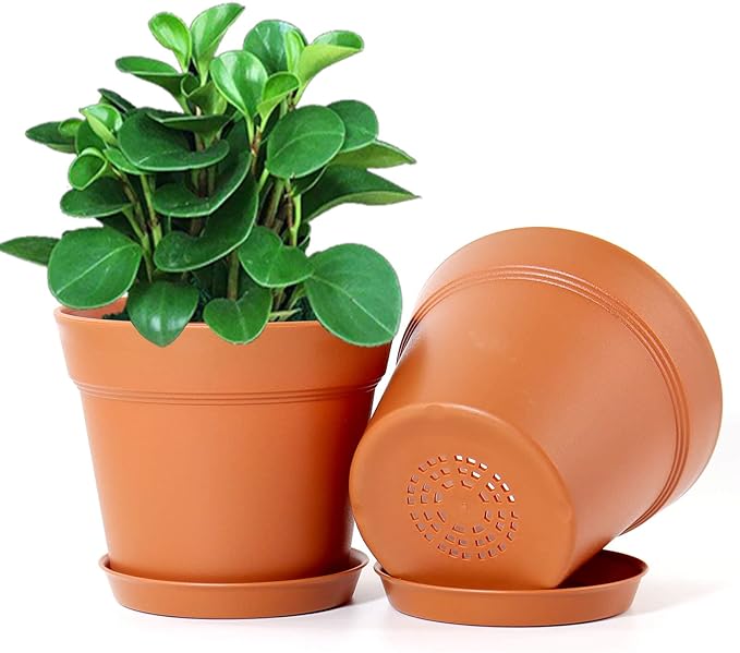 WOUSIWER 16 Pack 6 inch Plastic Planters Plastic Indoor Planter Flower Pots Heavy Duty and Stylish 6 Inch Plant Pots for Indoor Plants with Drainage Holes and Tray for Plants Flowers Terracotta