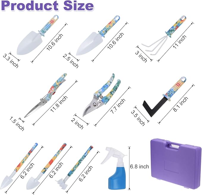HARFINGTON 1 Set Garden Tool Set 10 Pieces Plastic Gardening Planting Tools Kit with Shovels Rake Scissor Trimmer Water Sprayer and Store Case Purple