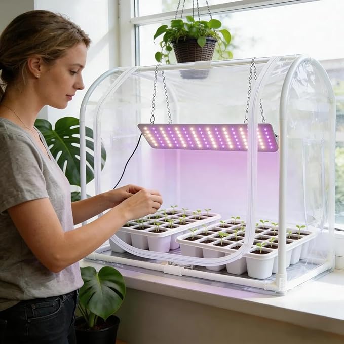 Mini Greenhouse with Grow Light for INDOOR OUTDOOR Metal Fram Tabletop GreenHouse with Waterproof Mat 3/9/12H Timer &amp Dimming Function for Seed Starting Mushroom Cultivation(23.6L x 15.7Wx 19