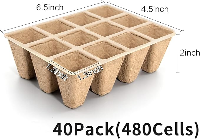SYITCUN 480 Cells Seed Starter Tray 40 Pack Biodegradable Seed Starter Kit Peat Pots for Seedlings with 400 Plant Labels 2 Seed Planting Tool and 1 Spray Bottle