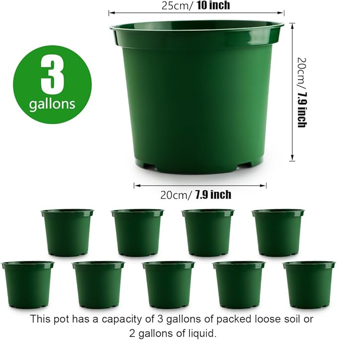 3 Gallon Plastic Nursery Pots 10 Inch Round Plant Pots with Drainage Holes 10 Pack Planting Pot for Outdoor Indoor Plants Gardening Gifts for Women Green