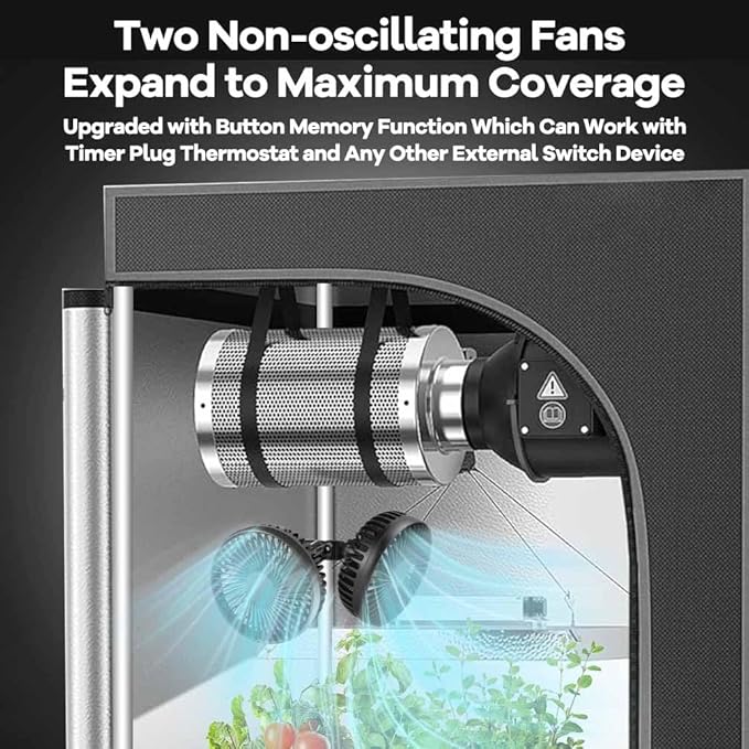 Grow Tent Fan 5in Two Fans for Greenhouse Plant All Direction Ventilation Circulation Instead of Oscillating Can Work with Timer and Thermostat 3 Speeds IP54 Waterproof 8ft Cord Power Adapter