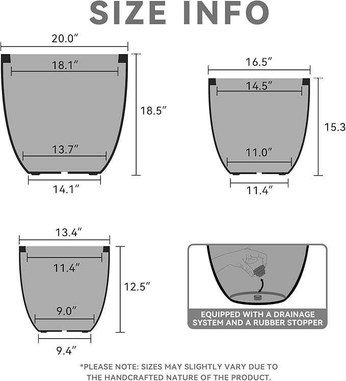 Kante 2016.513.4 Dia Round Concrete Planters (Set of 3) Outdoor Indoor Modern Decorative Plant Pots with Drainage Hole &amp Rubber Plug for Home &amp Garden Charcoal
