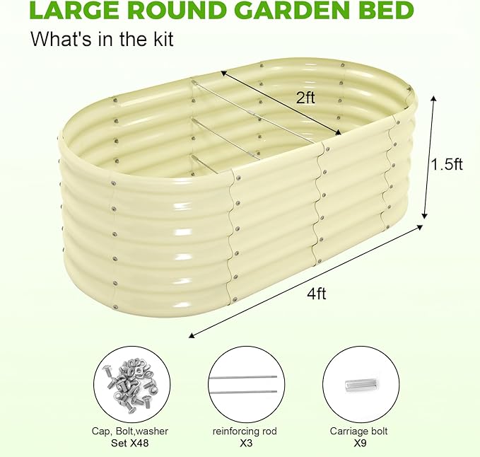Land Guard 18“ Tall Outdoor Metal Raised Garden Bed Oval Deep Root Planter Box for Vegetables Flowers Herbs 89 Gallon Capacity - Cream Yellow