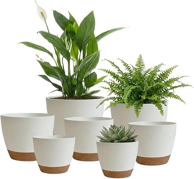 LIFFY Plant Pots 87.576.565.55 Inch Plastic Self Watering Planters with Drainage Holes &amp Saucers 7-Pack White Nursery Planting Pot with Deep Reservoir for Indoor Outdoor Plants