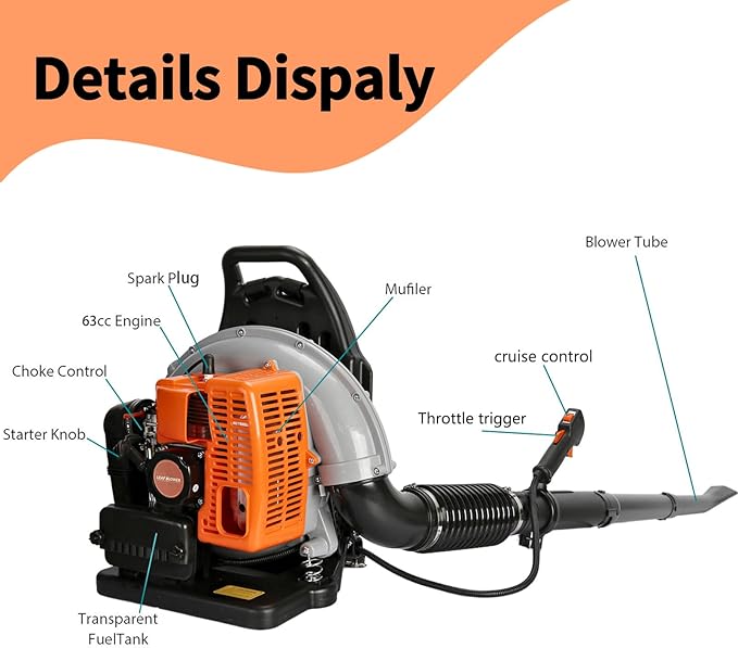 Backpack Leaf Blower 63CC 2-Stroke Engine Leaf Blower Gas Powered 665 CFM Leaf Blower Backpack Leaf Blower Gas with Powerful Wind from US (63CC Orange)