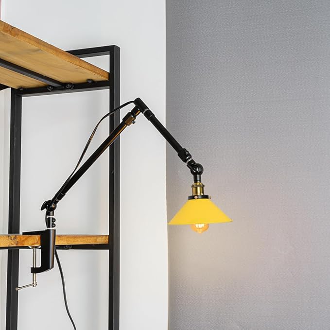 Clip Mount Plant Growing Stand Socket Light E26 Base 15Ft Timer Switch Cord Adjustable Length Yellow Shade for Indoor Desk Or Shelf Plants(No Bulb)