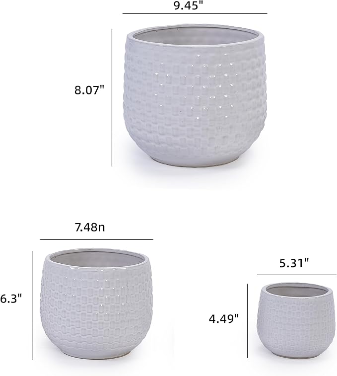 Handmade White Textured Ceramic Planter Set of 3 (9.45×8.07 7.48×6.3 5.31×4.49) Indoor Outdoor Flower Pots for Orchids Succulents by Window Couchside Breathable Clay