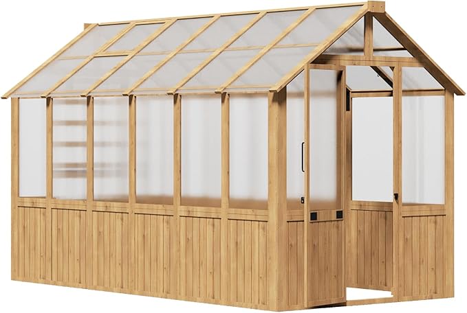 EBE 6'x12' Wood Greenhouse Walk-in Greenhouse Outdoor with Polycarbonate Panel Garden Greenhouses with Adjustable Roof Vent for Patio Yard and Backyard