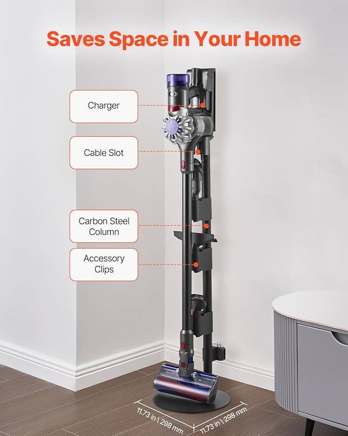 VEVOR Vacuum Stand Compatible With Dyson V7 V8 V10 V11 V12 V15 Series Upright Vacuum Cleaners &amp Accessories Stable Vacuum Stand Holder with 4 Anti-slip Pads and 3 Clips for Storing 6 Brush Heads