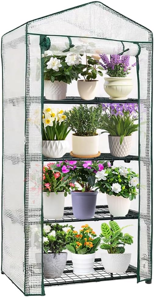 4-Tier Mini Greenhouse Green House for Flower Indoor Outdoor Portable Plant Outdoor Cage with Heavy Duty PVC Clear Cover &amp Steel FrameGreenhouse for Seed Starting MushroomVegetables
