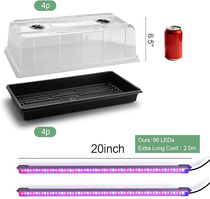 1020 Nursery Tray with Grow Lights - 4-Pack 6.3 Extra High Humidity Dome &amp Heavy Duty Propagation Tray 8-Pack Integrated 96 Full Spectrum LED with Timer/5 Dimmable Levels Reusable Greenhouse Ki