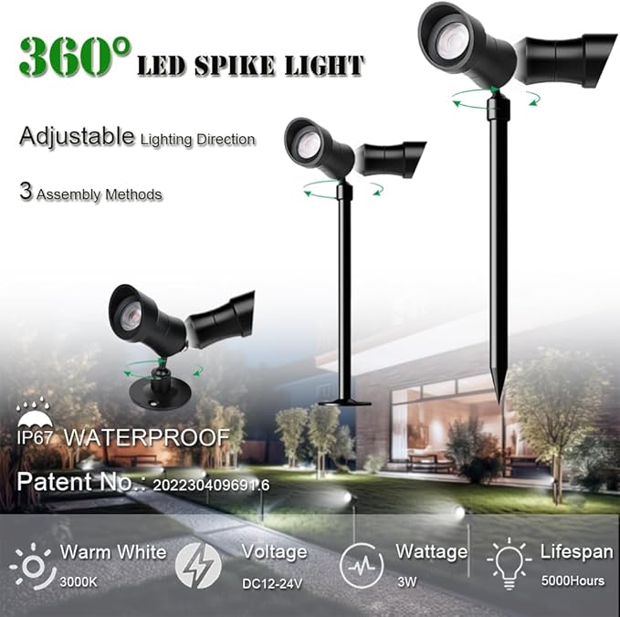 YASHIDA Outdoor Landscape LED Lighting DC12-24V 3W IP67 360 Degree Universal Rotary Led Spike Light kit Waterproof Led Spotlight with Spike Pole for Lawn Decorative Lamp Warm White 2700K