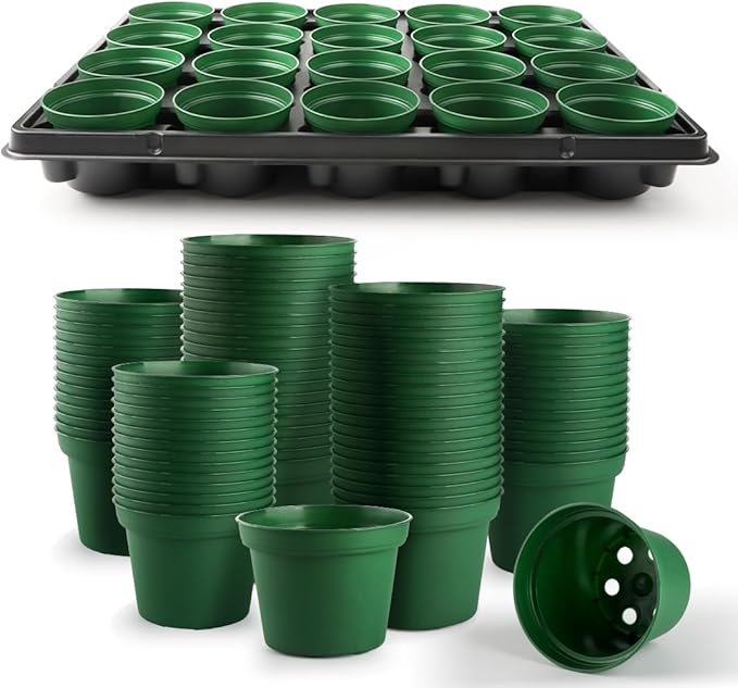 3 Inch Nursery Pots 100 Pcs with 5 Pcs 20 Cell Nursery Pot Trays 5 Sets Seed Starting Kit for Seedlings Propagation and Home Gardening Sturdy Green Seeds Starter Pot Tray Germination Set