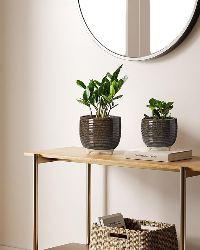 LE TAUCI Ceramic Plant Pots 5.1 + 6.4 Inch Footed Pots for Plants Modern Flower Pots for Home and Office Indoor Planters with Drainage Reactive Glaze Black