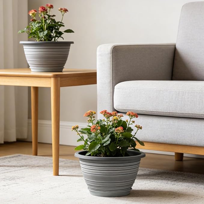 Large-Planter-Indoor-Outdoor Plant Pots 12 inch 3 Pack Plastic Flower Pots with Saucer and Drainage Holes Retro Antique Imitation Decorative Garden Containers Sets for Houseplant