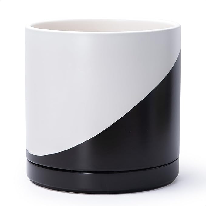 D'vine Dev 12 Inch Ceramic Planter Pot with Drainage Hole and Saucer Indoor Cylinder Round Planter Pot Oblique Monochrome Black and White 94-O-F-K