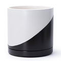 D'vine Dev 12 Inch Ceramic Planter Pot with Drainage Hole and Saucer Indoor Cylinder Round Planter Pot Oblique Monochrome Black and White 94-O-F-K