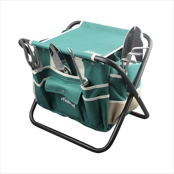 Garden Tools Sets- Heavy Duty Gardening Gift Tool Kit Including Folding Stool with Tool Bag 5 Sturdy Stainless Steel Tools(Gardening Trowel Trans-Planter Weeder &amp Rake) for Women Men