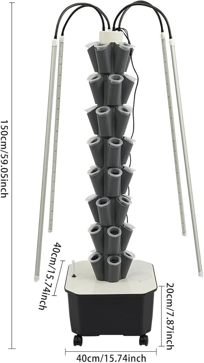 40 Pots Hydroponic Tower Growing System with Lights 8 Layers Movable Vertical Hydroponics Tower Garden Growing System Space Saving Indoor Plants Smart Garden for Gardening Lover