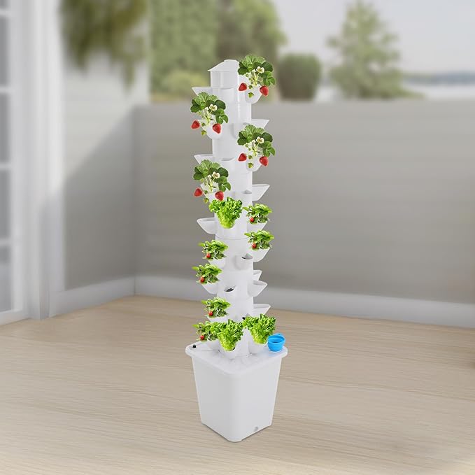 45-Hole Hydroponic Growing Tower System 9-Tier Vertical Indoor Garden with 2.64Gal Tank &amp DC Pump for Home Balcony Office White Hydroponics Kit for Vegetables Herbs Flowers