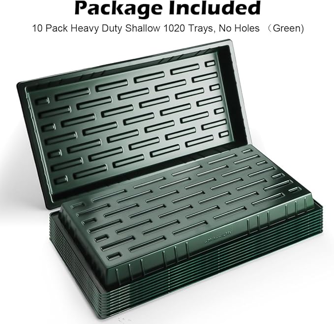 10 Pack Heavy Duty 1020 Trays No Holes - 1.6 Inch Deep Shallow Nursery Flats Reusable Seed Starter Trays for 72/128 Cell Inserts Microgreens Seedling and Hydroponics (Dark Green)