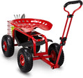 Rolling Garden Cart with Ergonomic Seat Outdoor Gardening Stool for Planting Garden Scooter with 360 Degree Swivel Seat &amp Steering Handle &amp Tool Tray (Handle Red)