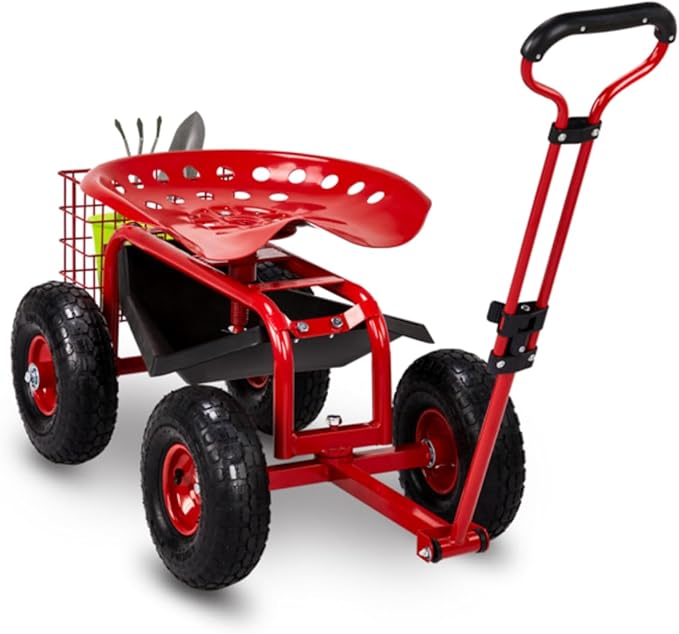 Rolling Garden Cart with Ergonomic Seat Outdoor Gardening Stool for Planting Garden Scooter with 360 Degree Swivel Seat &amp Steering Handle &amp Tool Tray (Handle Red)