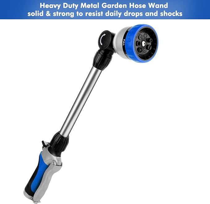 RESTMO Metal Watering Wand Heavy Duty Garden Hose Wand with 180° Swivel Ratcheting Head 16'' Hose Nozzle Sprayer with 7 Spray Patterns and Flow Control for Water Hanging Baskets and Shrubs Blue
