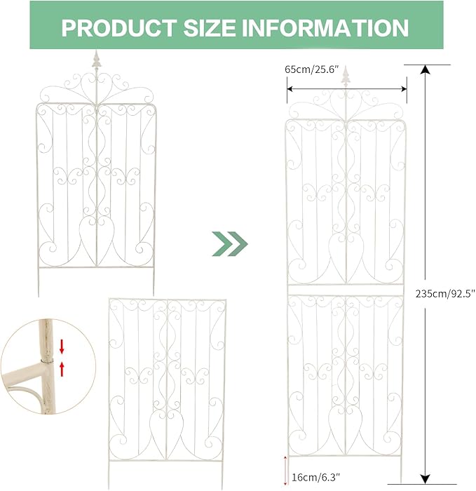 Sungmor 2 Pack Large Garden Trellis for Climbing Plants 92.5 Inch Tall Rustic White Garden Metal Trellis Decorative Trellis for Outdoor Rose Vines Cucumbers Support Greenhouse Flowerbed Backyard