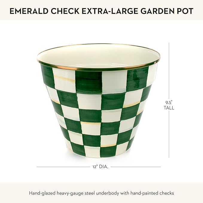 MACKENZIE-CHILDS Enamel Garden Pot Decorative Pot for Plants Outdoor Flowerpot Decor Extra Large Green-and-White Emerald Check