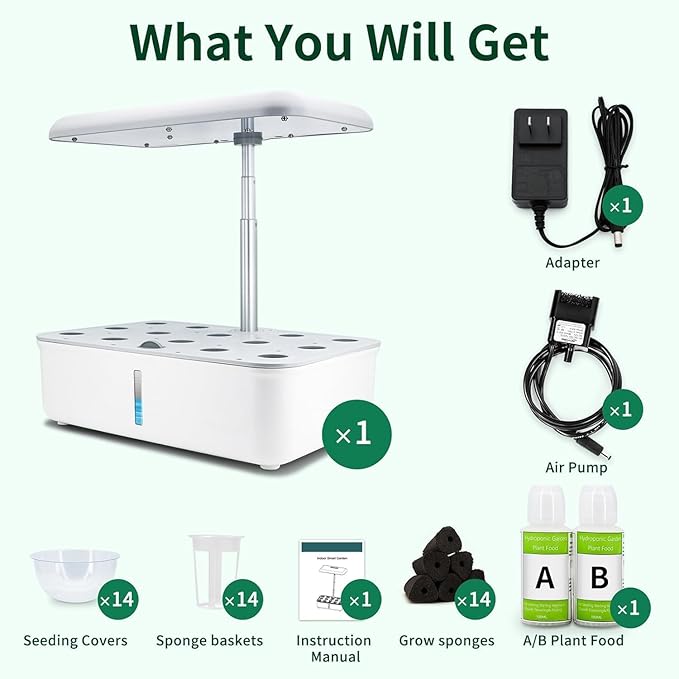 Hydroponics Growing System Kit with LED Grow Light Indoor Gardening System with 14 Pods WiFi Indoor Herb Garden Herb Garden Kit Indoor Adjustable Height Up to 16.5 Auto Pump 5L Water Tank