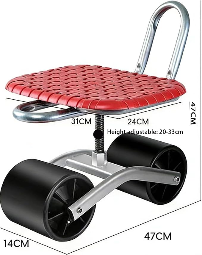 Red Woven Seat Rolling Garden Stool Mobile Work Seat with Wheels Heavy Duty Metal Frame Cart for Greenhouse Farming(lialunA1-1)