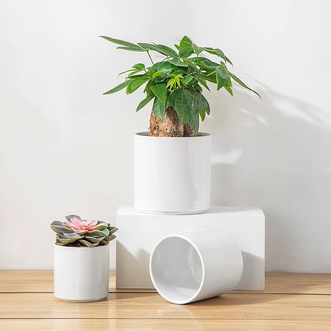 vancasso Ceramic Plant Pots 4.25+5.25+6.25 Inch Planter Pot with Drainage Hole Flower Pots for Indoor Outdoor Plants Set of 3 White