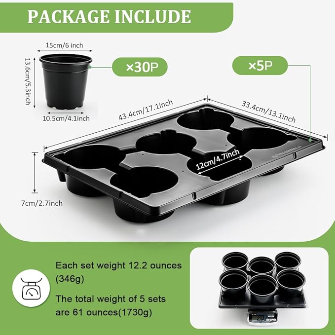 6 Inch Plastic Plant Pots 30 Pack and 6 Cell Nursery Pots Trays 5 Pack Sturdy Seeds Starting Germination Shuttle Carrying Trays Black Nursery Planting Propagation 5 Sets